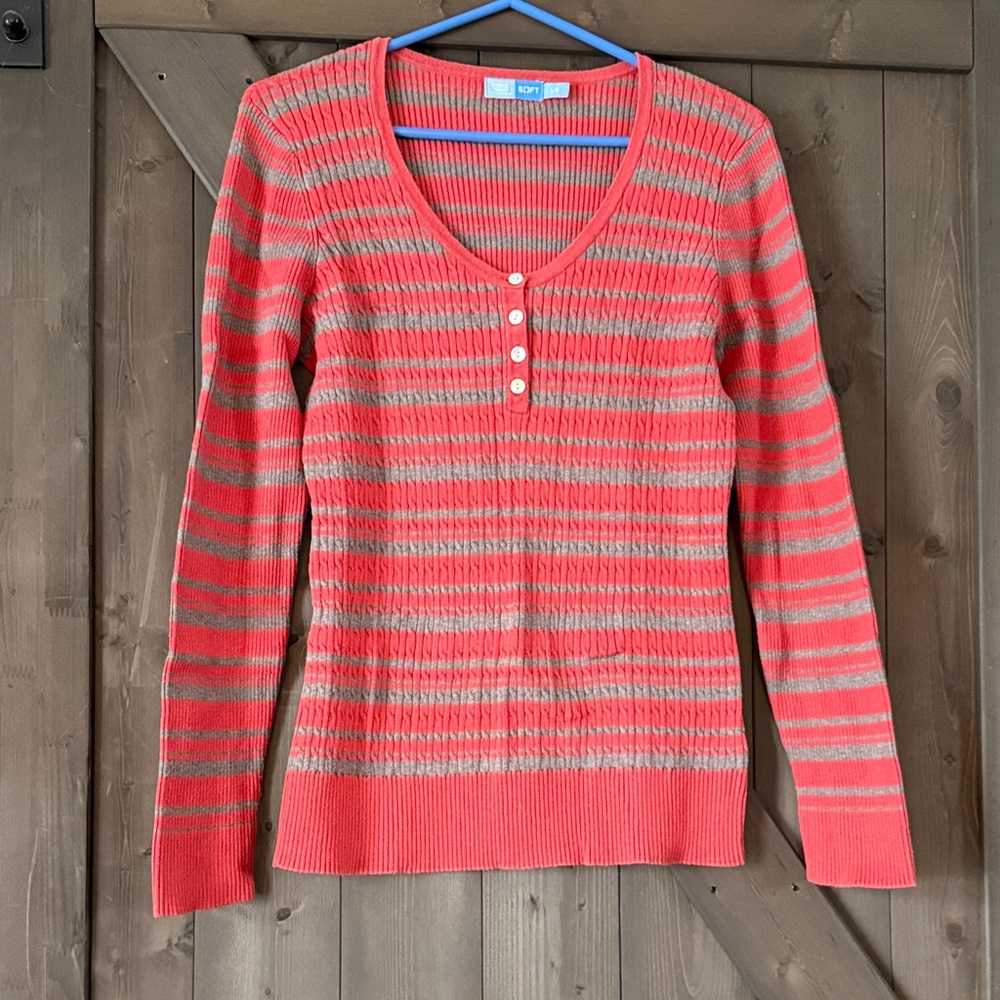 Denver Hayes Coral and Gray Striped V-Neck Sweater